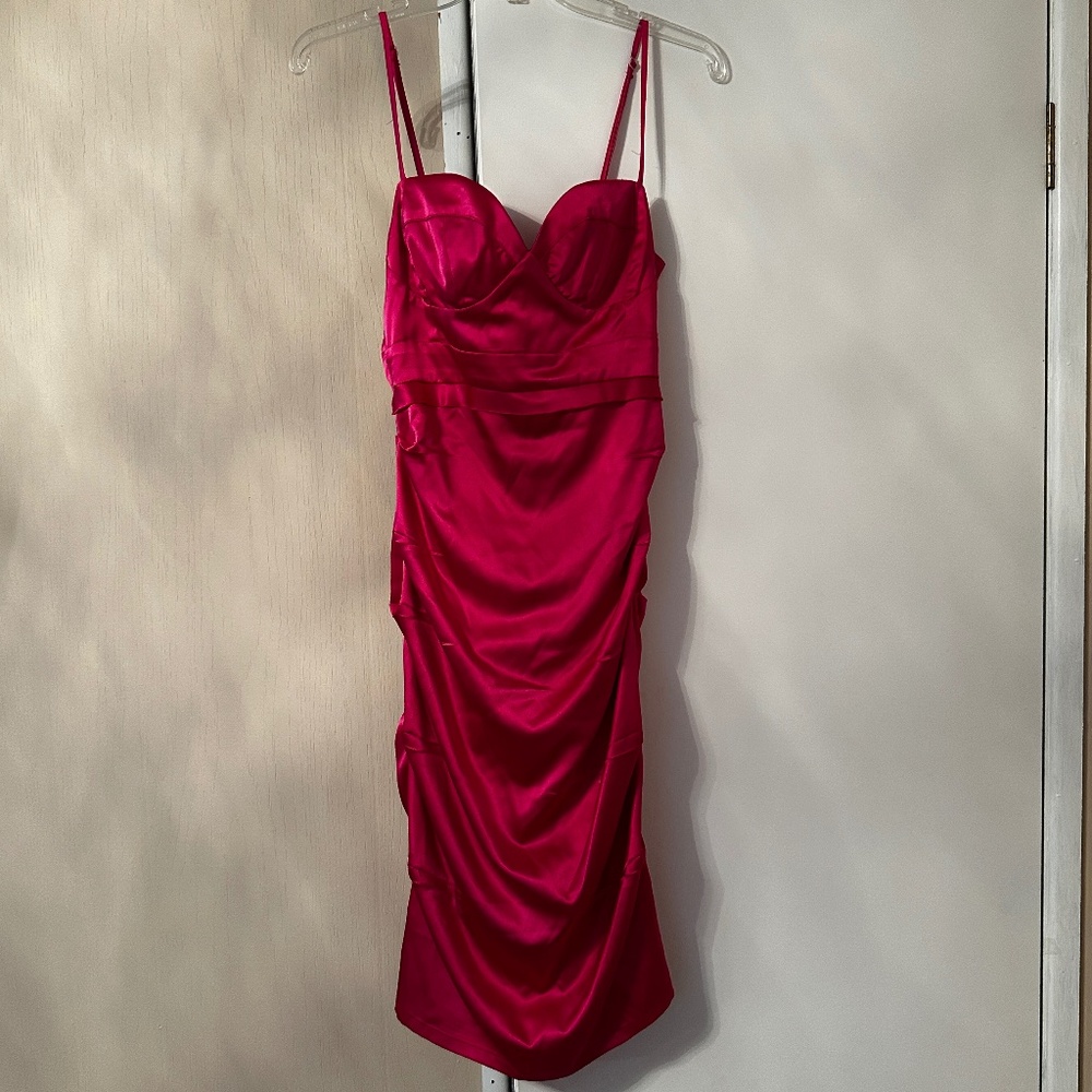 Dark Pink Ruched Asymmetric Satin Dress Medium Akira Black Label